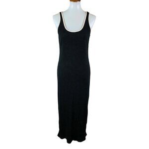 Things Between Ribbed Knit Midi Tank Dress Black Beige Trim Small Sleeveless‎